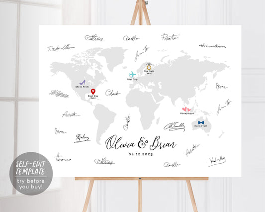 Editable World Map Love Story Guest Book Alternative Template, Wedding Infographic, Travel Themed GuestBook Poster, Destination Wedding Sign