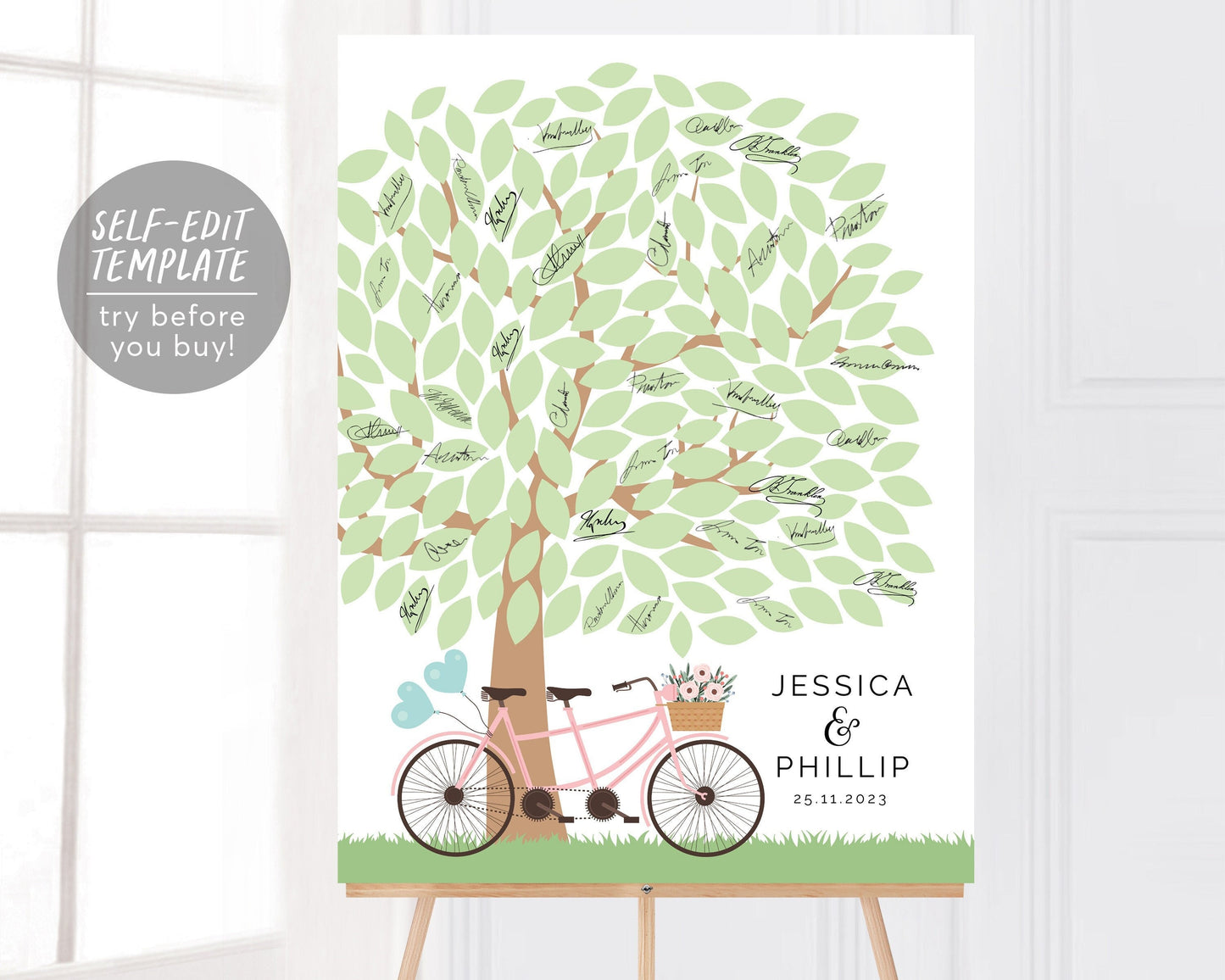 Editable Tree Wedding Guest Book Alternative Template, Tandem Bike , Modern Wedding Guestbook Sign, Unique Sign A Leaf Poster Printable