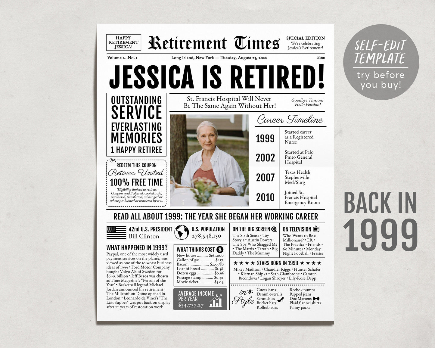 Editable Retirement Celebration Sign, Unique Newspaper Retirement Gifts for Men Women, Vice Assistant Principal Gift, History Back in 1999