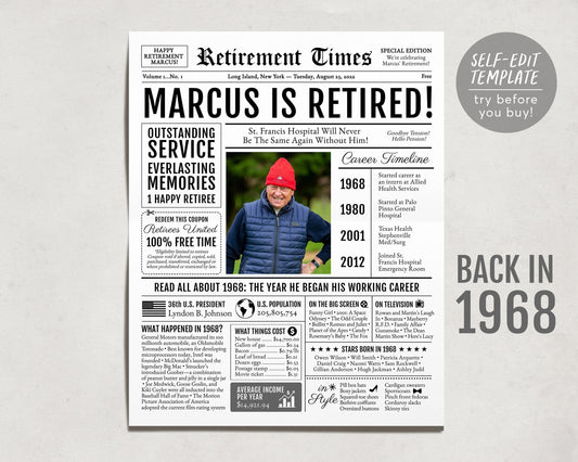 Editable Retirement Gift for Pharmacist Template, Retirement Gifts For Teacher, Retirement Sign for Editors, Newspaper Back in 1968