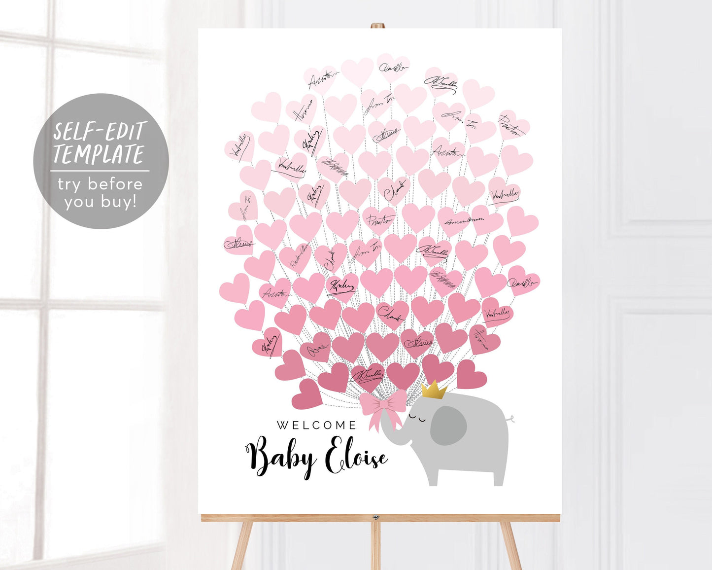 Baby Girl Elephant Heart Balloons Baby Shower Guest Book Alternative Editable Template, Blush Safari Animal Crown Theme Guestbook Sign