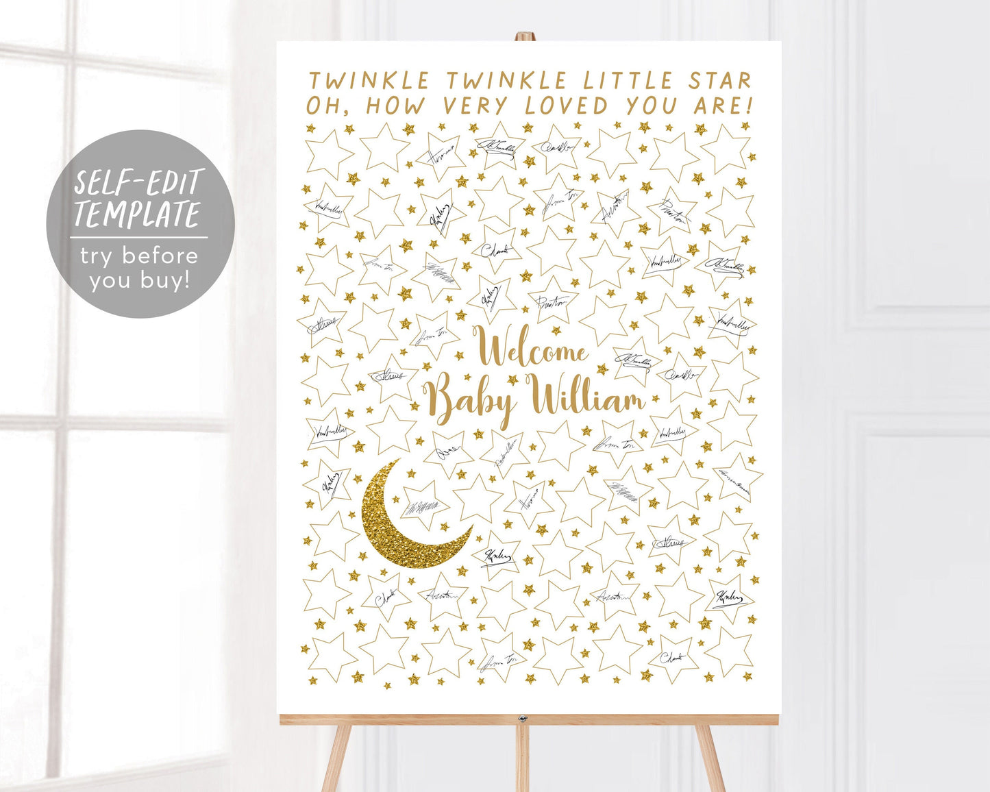 Editable Twinkle Twinkle Little Star Baby Shower Guest Book Alternative Template, Sign a Star, Moon Stars Gold Unisex Baby Guestbook Poster