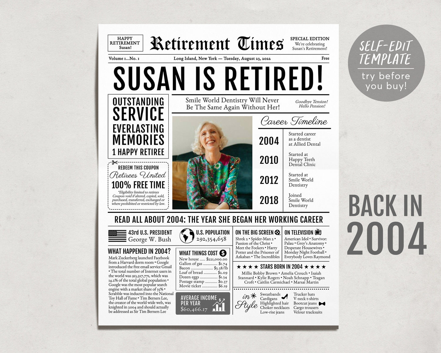 Editable Retirement Celebration Sign, Unique Newspaper Retirement Gifts for Men Women, Dental Hygienist Nurse Gift, History Back in 2004