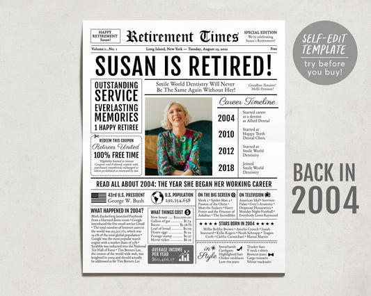 Editable Retirement Celebration Sign, Unique Newspaper Retirement Gifts for Men Women, Dental Hygienist Nurse Gift, History Back in 2004