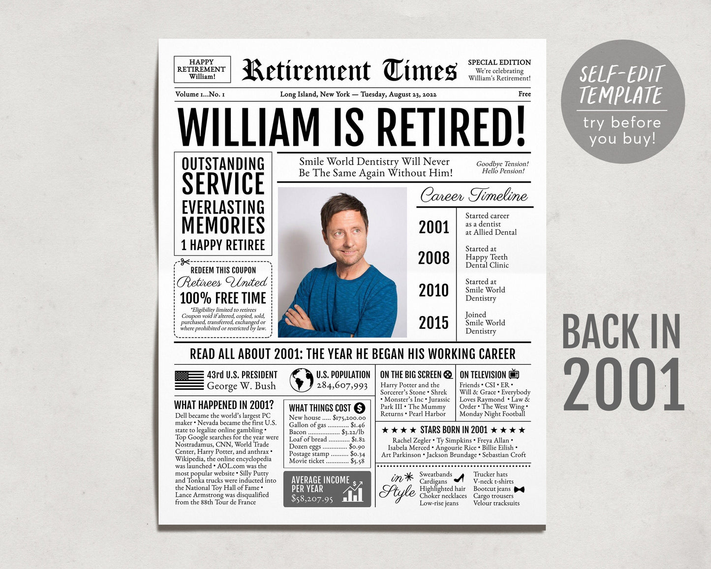 Editable Retirement Celebration Sign, Unique Newspaper Retirement Gifts for Men Women, Math Teacher Nurse Gift, History Back in 2001