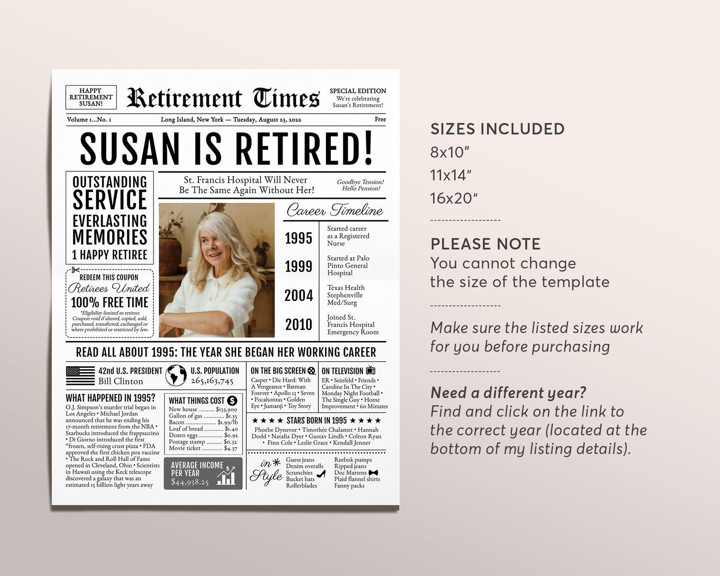 Editable Retirement Celebration Sign, Unique Newspaper Retirement Gifts for Men Women, Vice Assistant Principal Gift, History Back in 1995