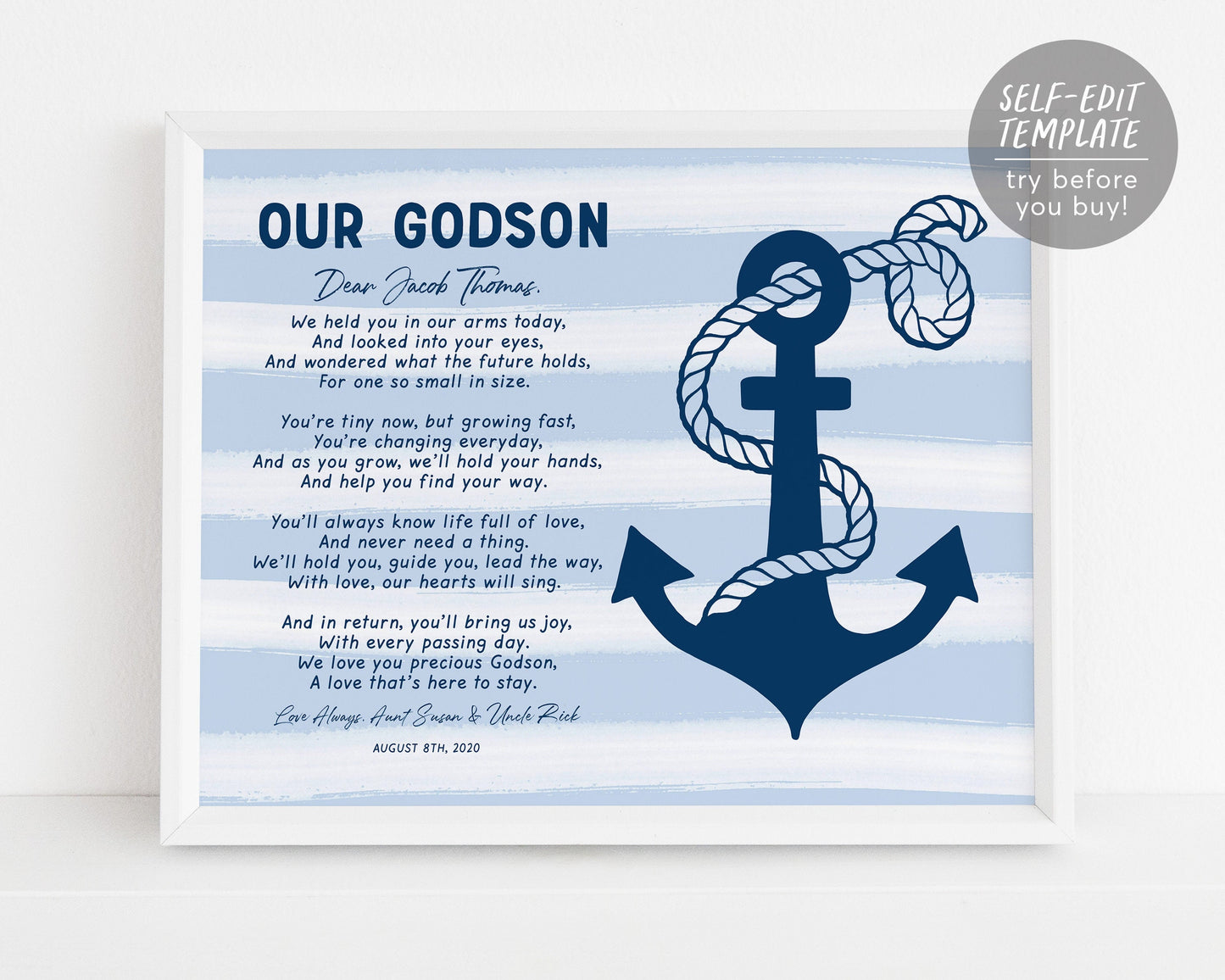 Editable Godson Gift Printable Template, Nautical Baptism Communion Christening Dedication Print From Godmother And Godfather, New Baby Boy