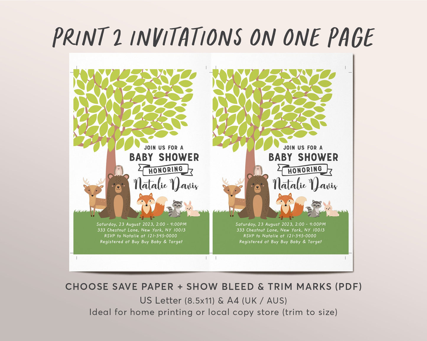 Editable Woodland Creatures Baby Shower Invitation Template, Forest Animals Greenery Theme Printable Evite, Gender Neutral Invite, Deer Fox