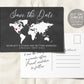 Editable Destination Wedding Save the Date Template, Chalkboard World Map Postcard DIY, Travel Passport Save the Date, Travel Themed Wedding