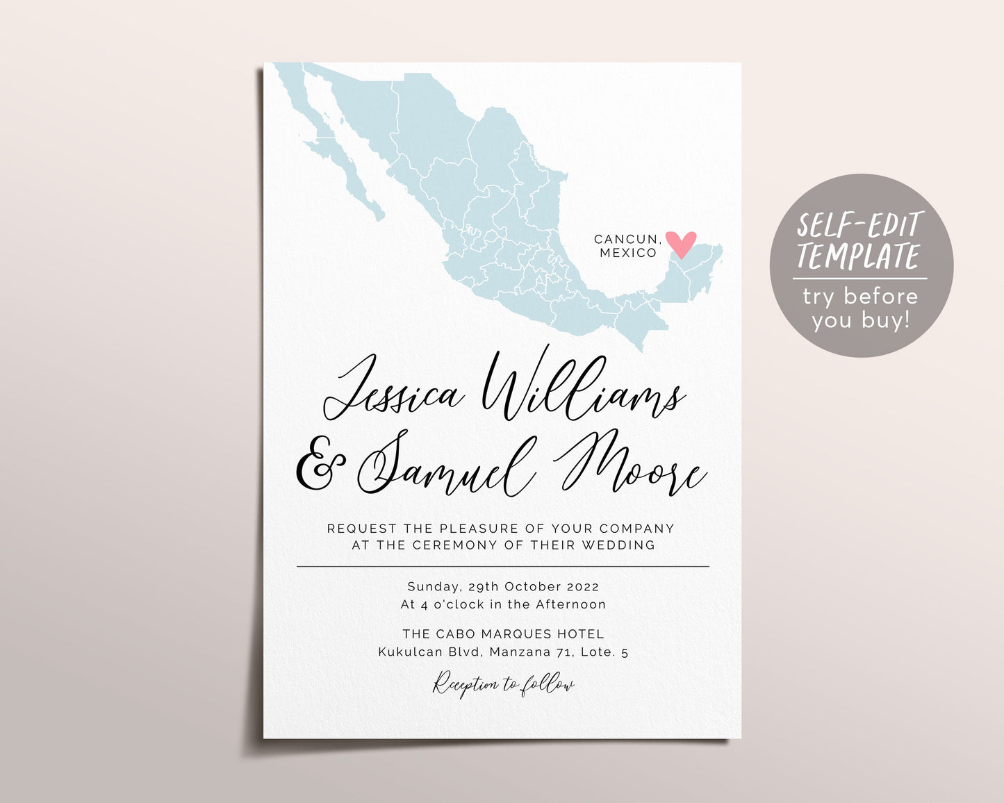 Editable Mexico Map Wedding Invitation Suite Template, Destination Wedding Invitation Set Printable, Cabo Carmen Cancun Beach, Travel Theme