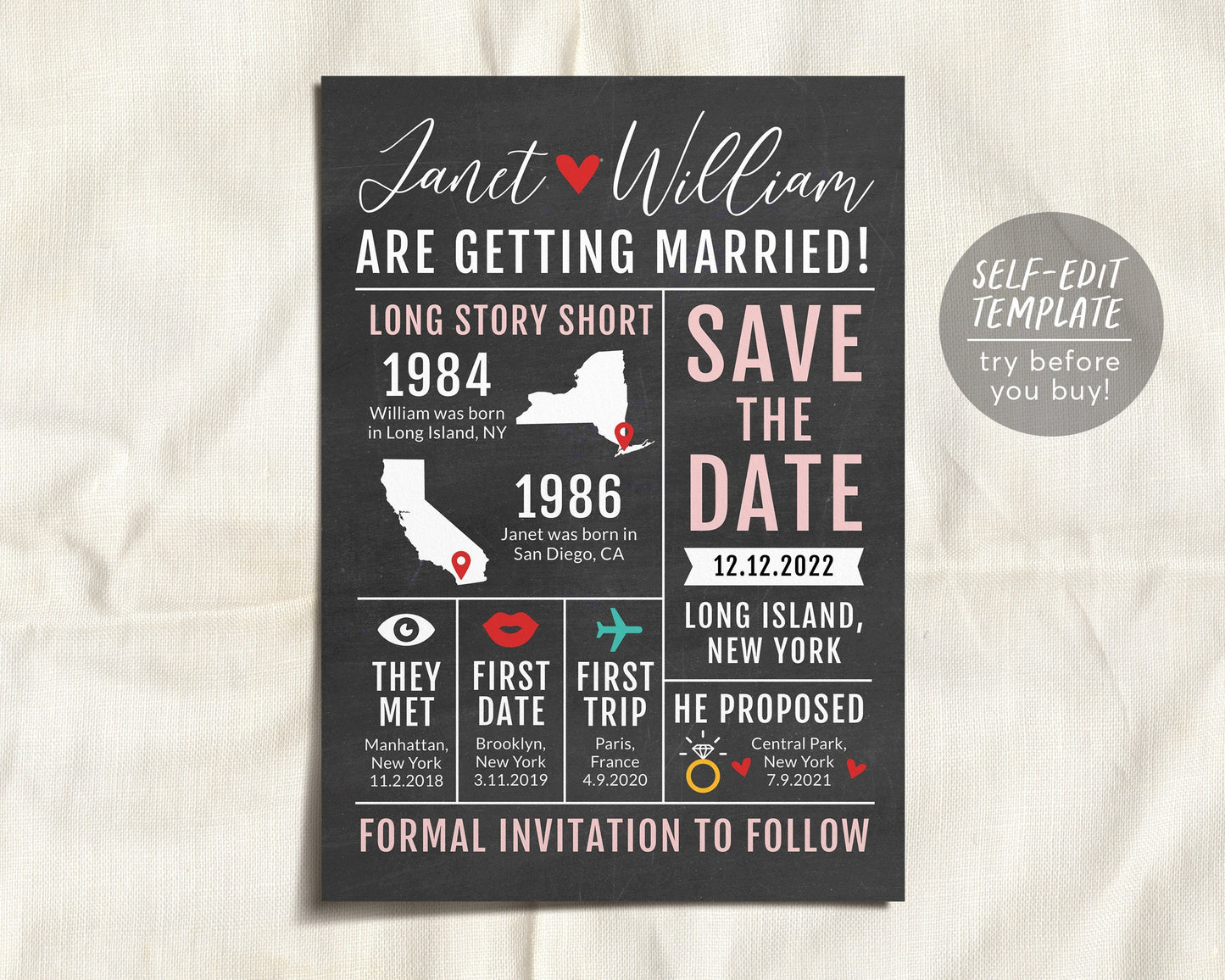 Save the Date Wedding Template Editable, Long Story Short Printable, Infographic Save the Date Card Invitation, Fun Wedding Infographic