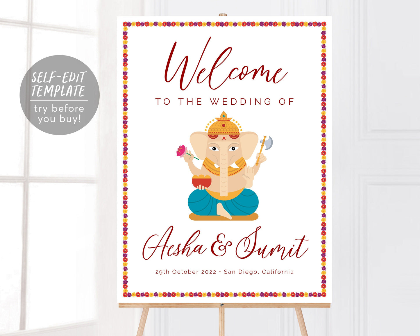 Indian Wedding Sign Editable Template, Hindu Welcome Poster, Wedding Ceremony Sign Ganesha Ganpati Flowers, Modern Sign Printable
