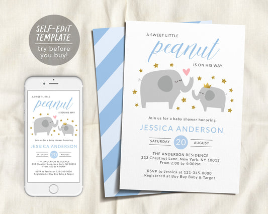 Editable Elephant Baby Shower Invitation Template, It's A Boy, A Little Peanut Is On The Way, New Mama Sprinkle Party Invite, Safari Stars