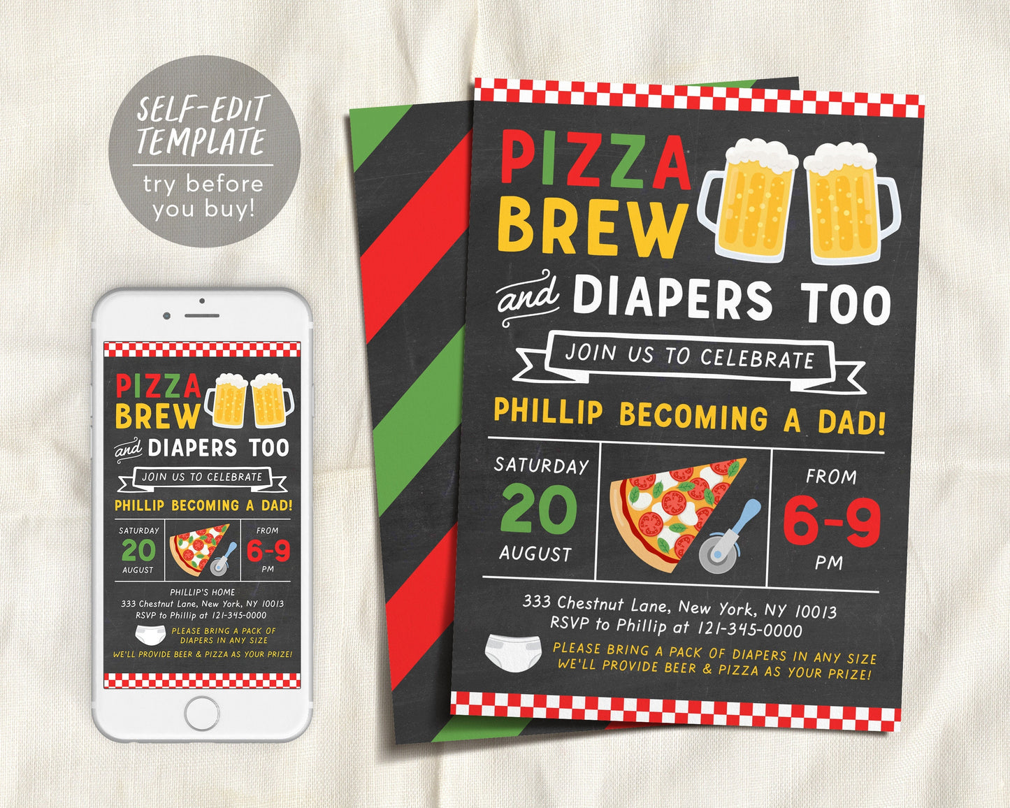 Editable Pizza And Beer Baby Shower Invitation Template, Italian Theme Couples Coed Man Diaper Party, Chalkboard Neutral Girl Boy Invite