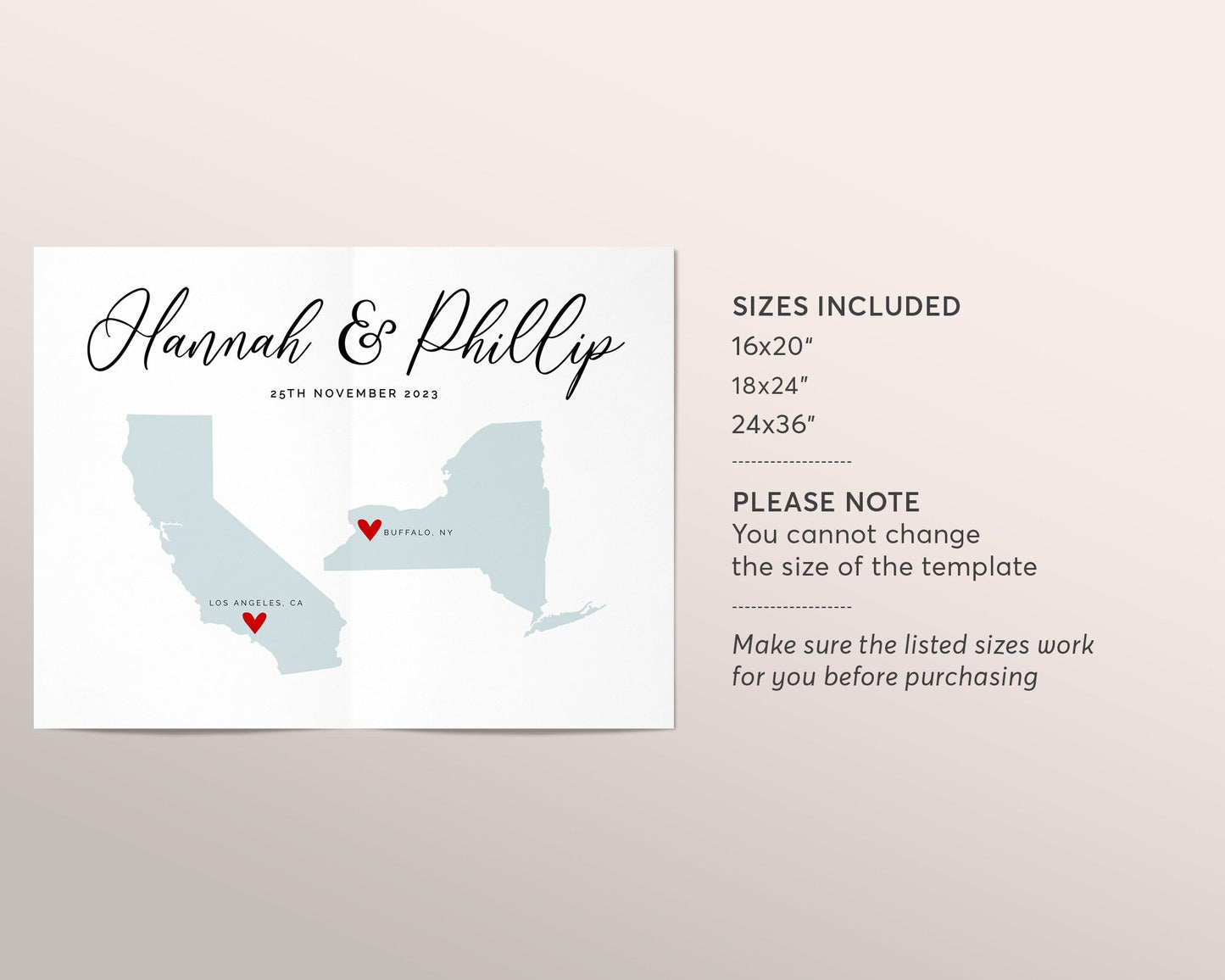 Editable Wedding Guest Book USA States Map Alternative Template, Long Distance GuestBook Poster, Custom State Map California New York Sign