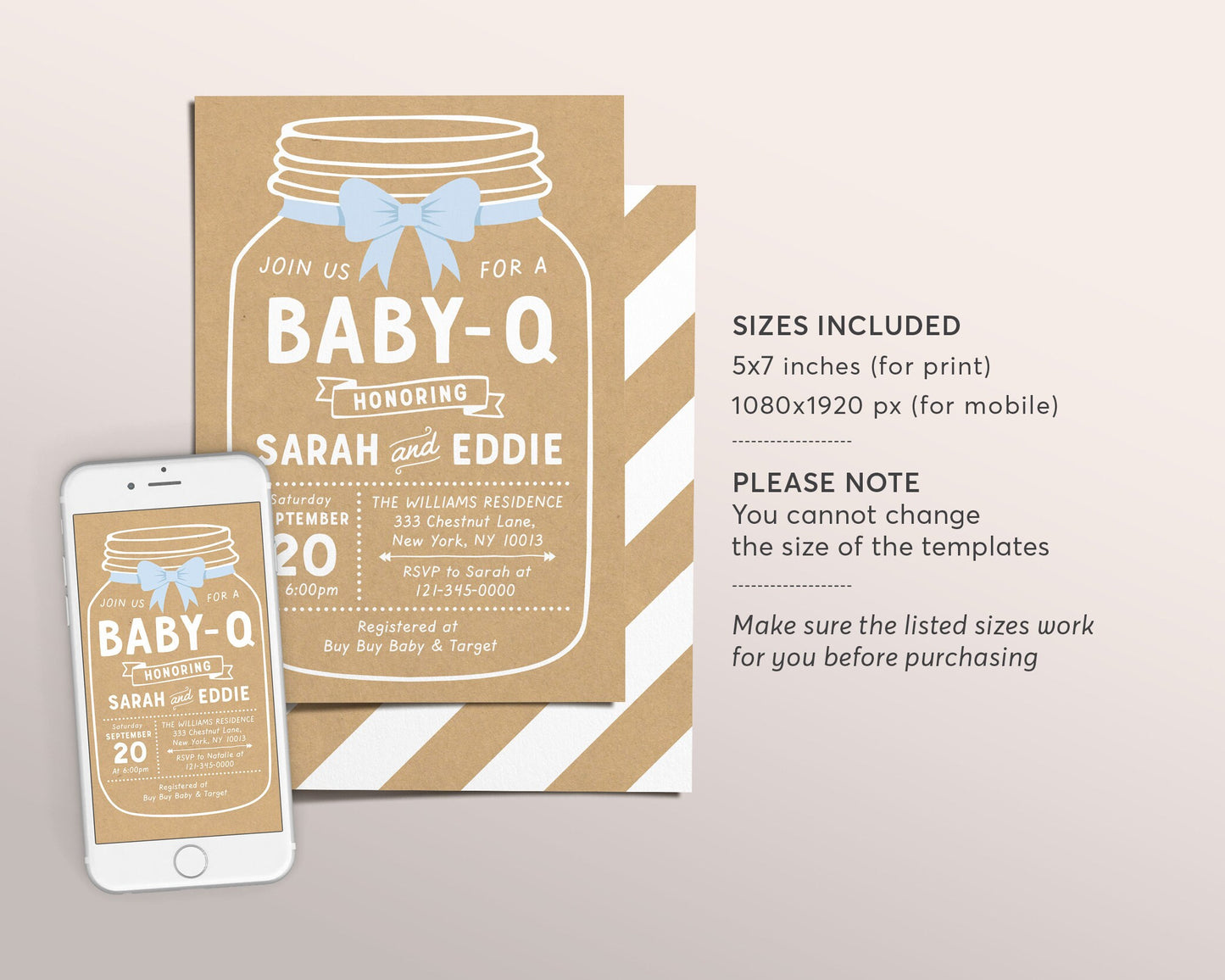 Editable BABY-Q Kraft Mason Jar Baby Shower Invitation Template, Rustic Couples Coed Family Babyque Barbecue BBQ Country Backyard Picnic