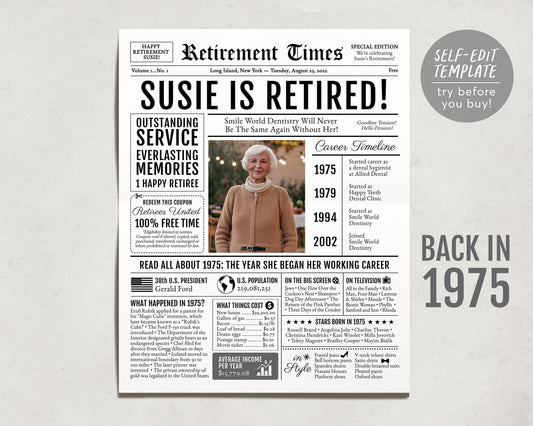 Editable Retirement Gift for Administrative Assistant Template, Retirement Gifts For Architect, Retirement Sign, Newspaper Back in 1975