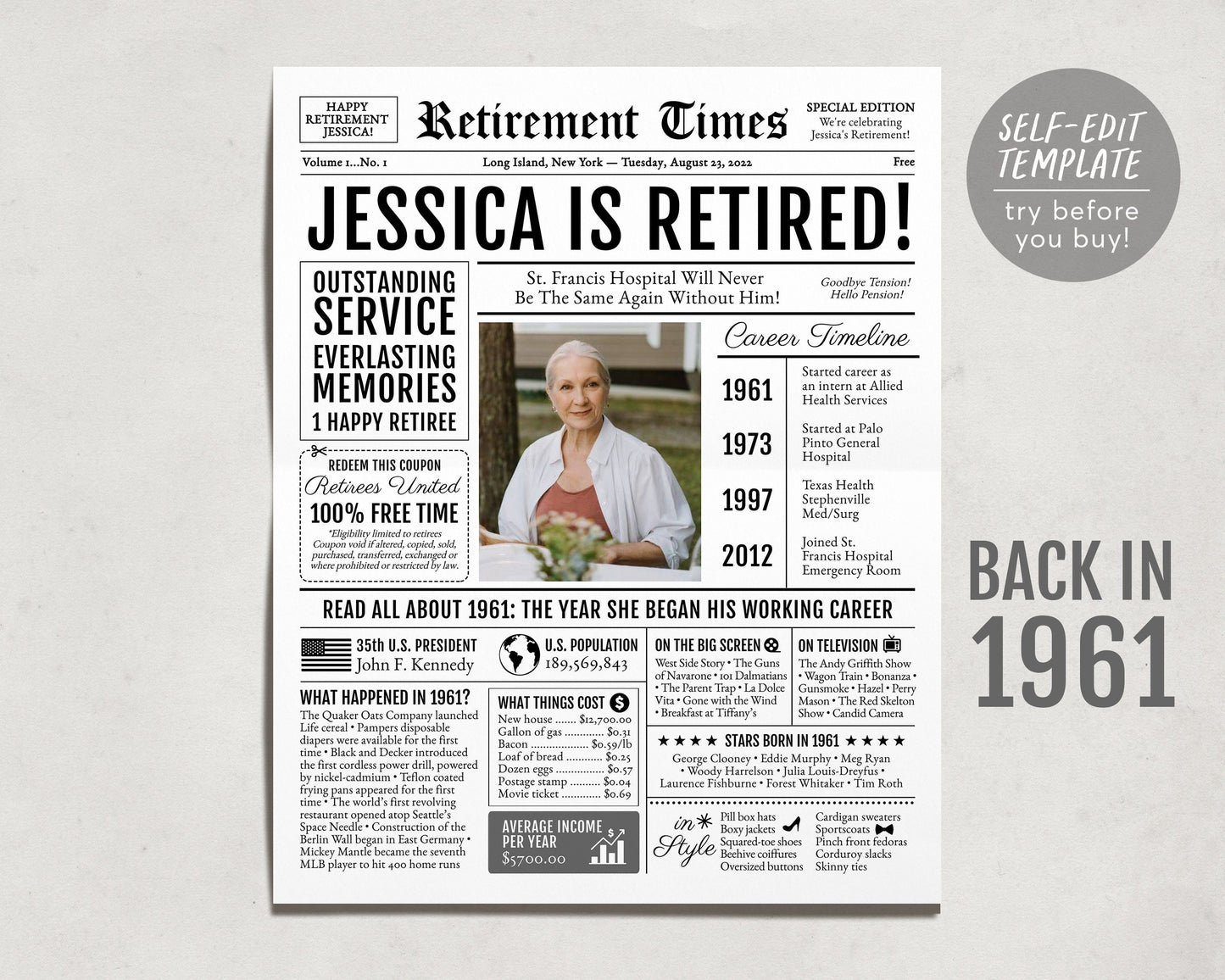 Editable Retirement Gift for Nurse Template, Retirement Gifts For Teacher, Retirement Sign for Firefighter, Newspaper Back in 1961