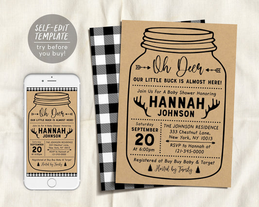 Editable Oh Deer Lumberjack Kraft Baby Shower Invitation Template, Little Buck Antler Mason Jar Woodland Rustic Buffalo Plaid Hunting BBQ