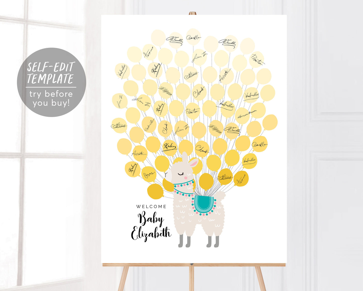 Editable Llama Balloon Baby Shower Guest Book First Communion Alternative Template, Alpaca Theme Guestbook Sign, Animal Sign-In Balloon