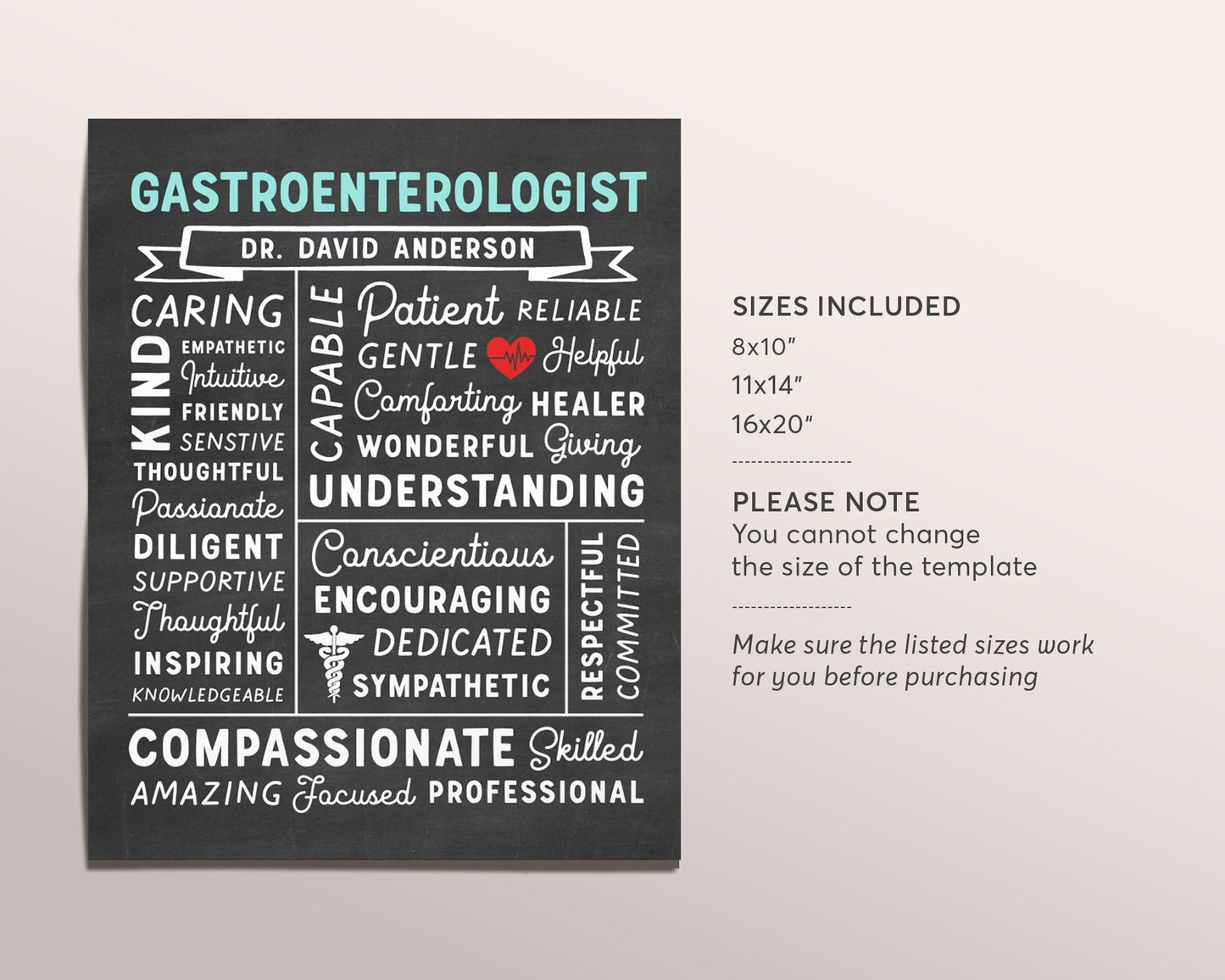 Editable Gastroenterologist Chalkboard Gift Print Template, Gastroenterology Colon Doctor Appreciation Poster Graduation Medical Student