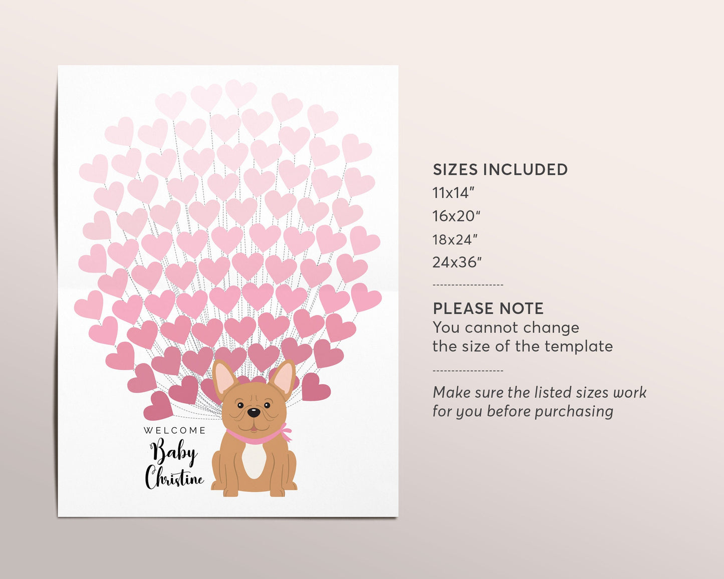 Editable French Bulldog Heart Balloons Baby Girl Baby Shower Guest Book Alternative Template, Dog Puppy Pet Animal Theme Guestbook Sign