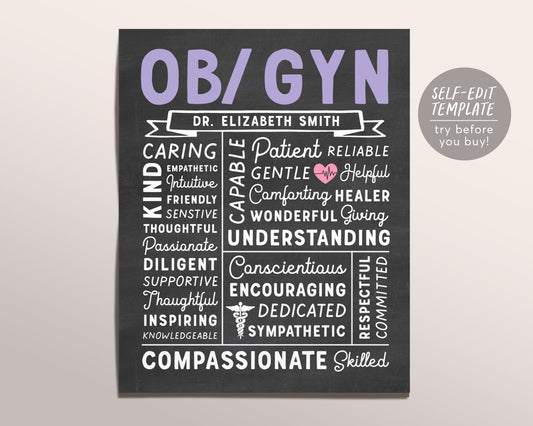 Editable OBGYN Chalkboard Gift Print Template, Gynecologist Obstetrician New Doctor Appreciation Definition, Graduation Medical Student