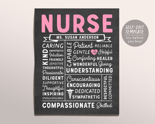 Editable Nurse RN Chalkboard Gift Print Template, New Nurse Graduate CNA Nursing Appreciation Definition, Thank You Nurses Week Decor