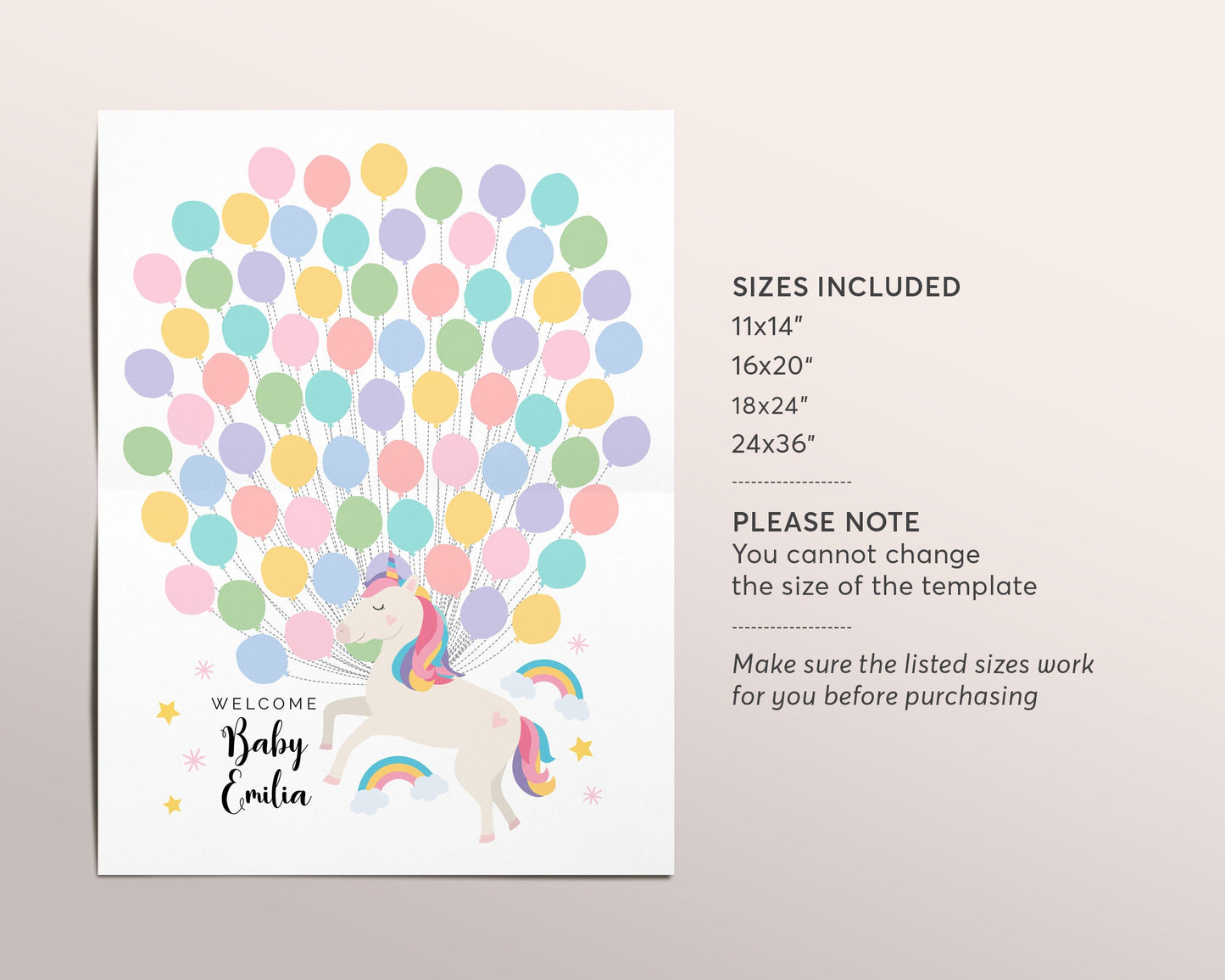 Editable Unicorn Balloon Baby Shower Guest Book Alternative Template, Rainbow Theme Baby Girl Guestbook Sign, Sign-In Balloon Poster