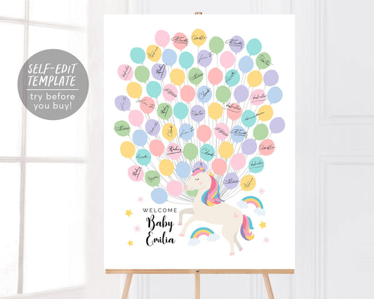 Editable Unicorn Balloon Baby Shower Guest Book Alternative Template, Rainbow Theme Baby Girl Guestbook Sign, Sign-In Balloon Poster