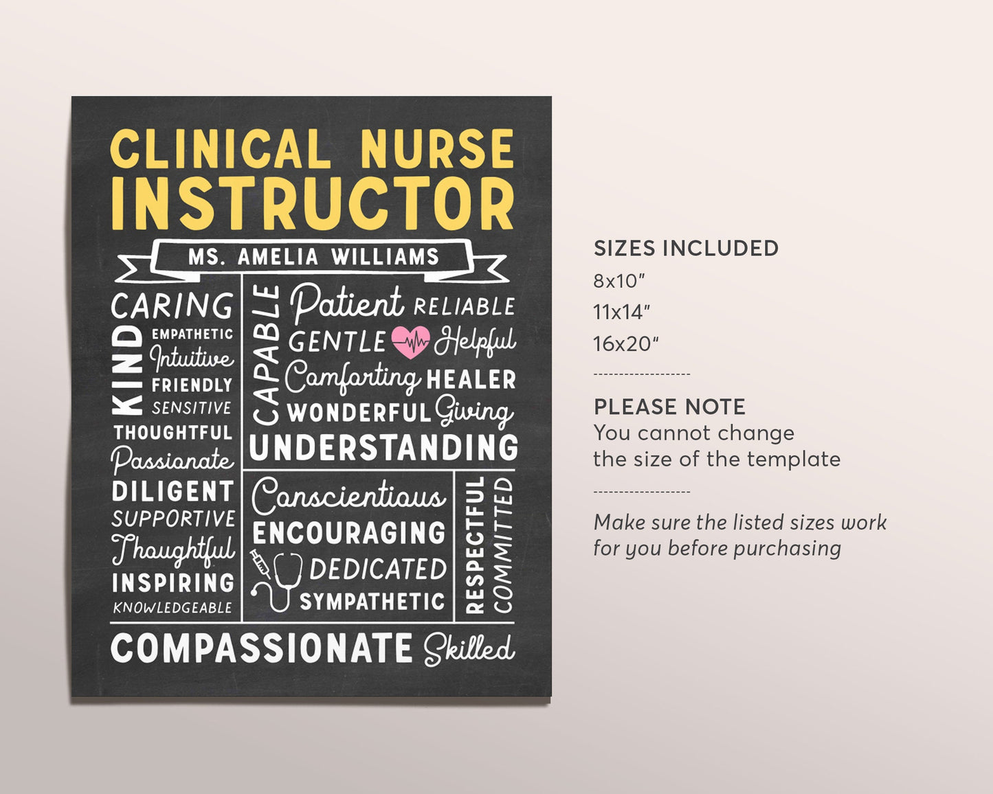Editable Clinical Nurse Instructor Chalkboard Gift Print Template, Nurse Graduate CNA NP Nursing Appreciation, Thank You Nurses Week Office