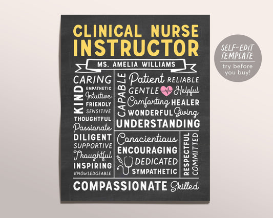 Editable Clinical Nurse Instructor Chalkboard Gift Print Template, Nurse Graduate CNA NP Nursing Appreciation, Thank You Nurses Week Office