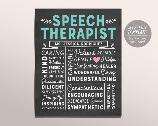Editable Speech Therapist Chalkboard Gift Print Template, SLP SLPA Speech Pathologist Graduate Language Therapy Appreciation Christmas Thank