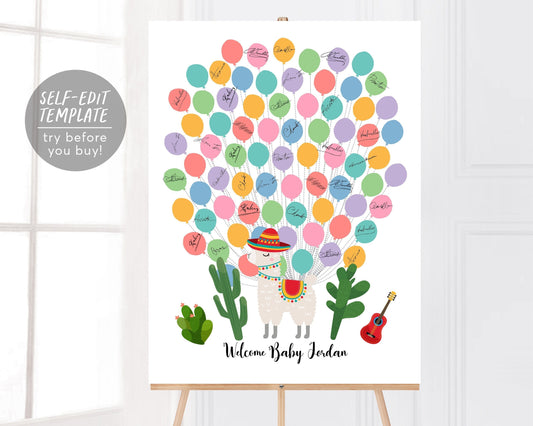 Editable Llama Mama Fiesta Balloon Baby Shower Guest Book Alternative Template, Mexican Theme Guestbook Sign, Alpaca Cactus Sign-In Poster