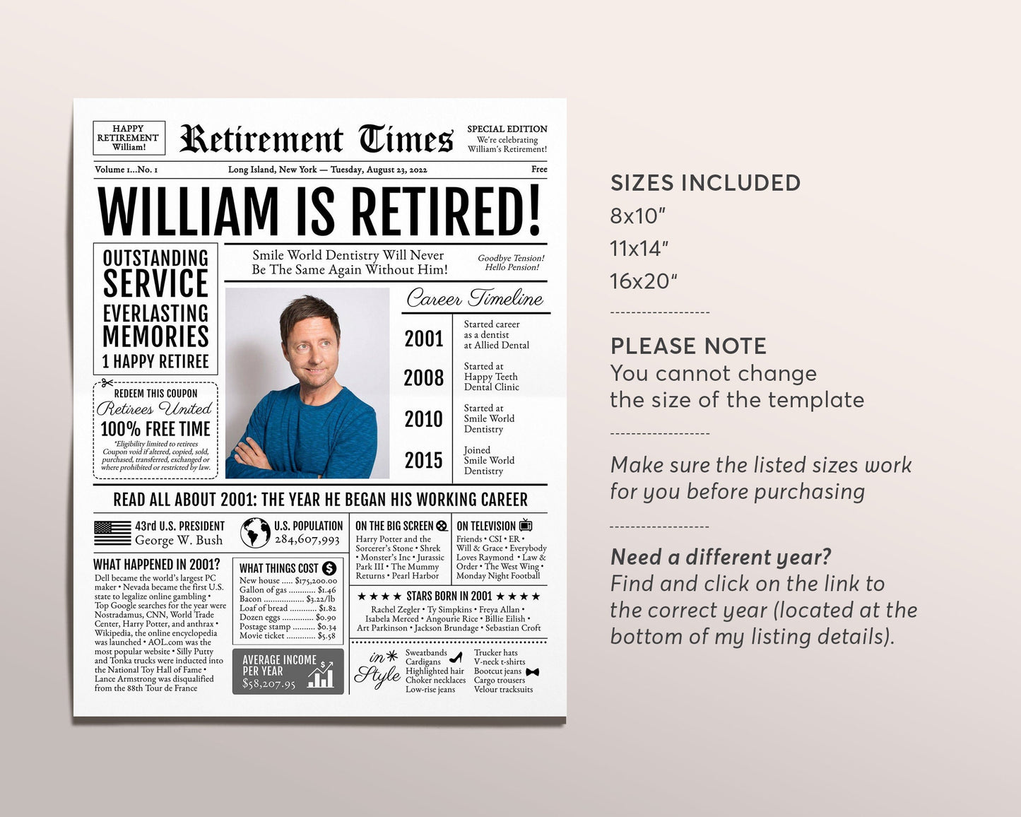 Editable Retirement Celebration Sign, Unique Newspaper Retirement Gifts for Men Women, Math Teacher Nurse Gift, History Back in 2001