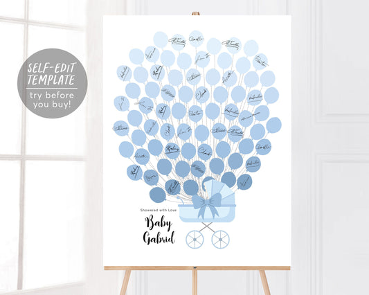 Stroller Balloons Boy Baby Shower Guest Book Alternative Editable Template, Baptism Carriage Guestbook, First Communion, Christening Decor