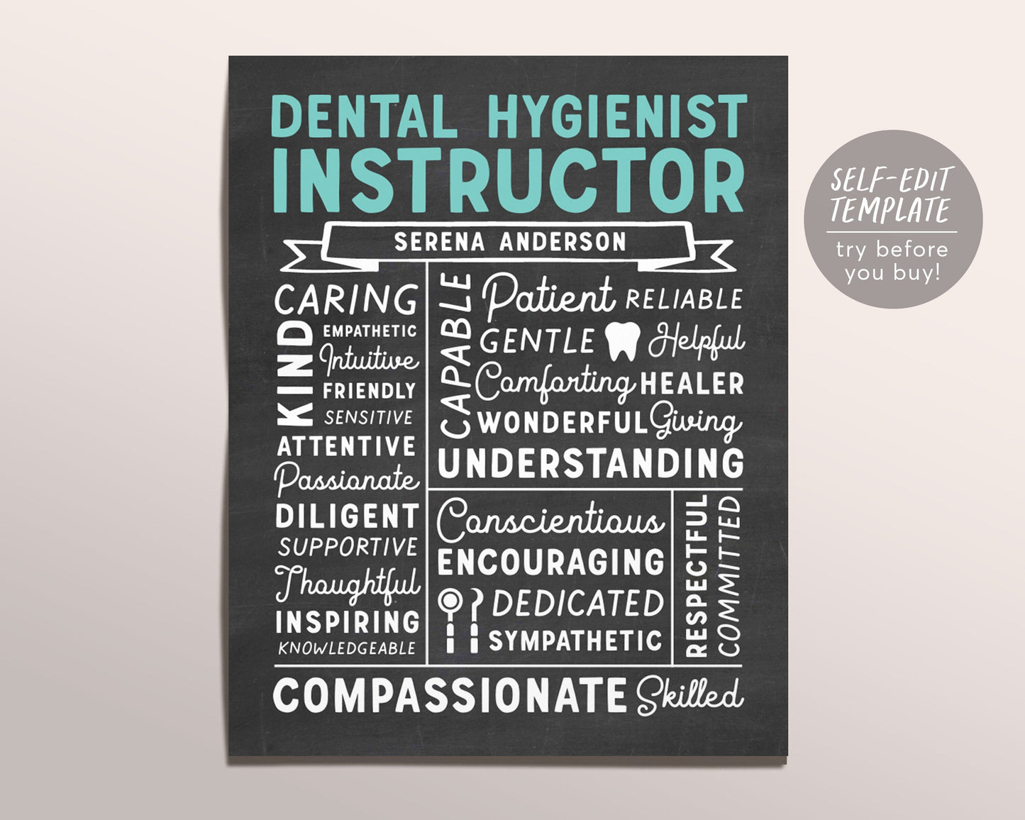 Editable Dental Hygienist Instructor Chalkboard Gift Print Template, Oral Hygienist Educator Appreciation Thank, Graduation Dental Assistant