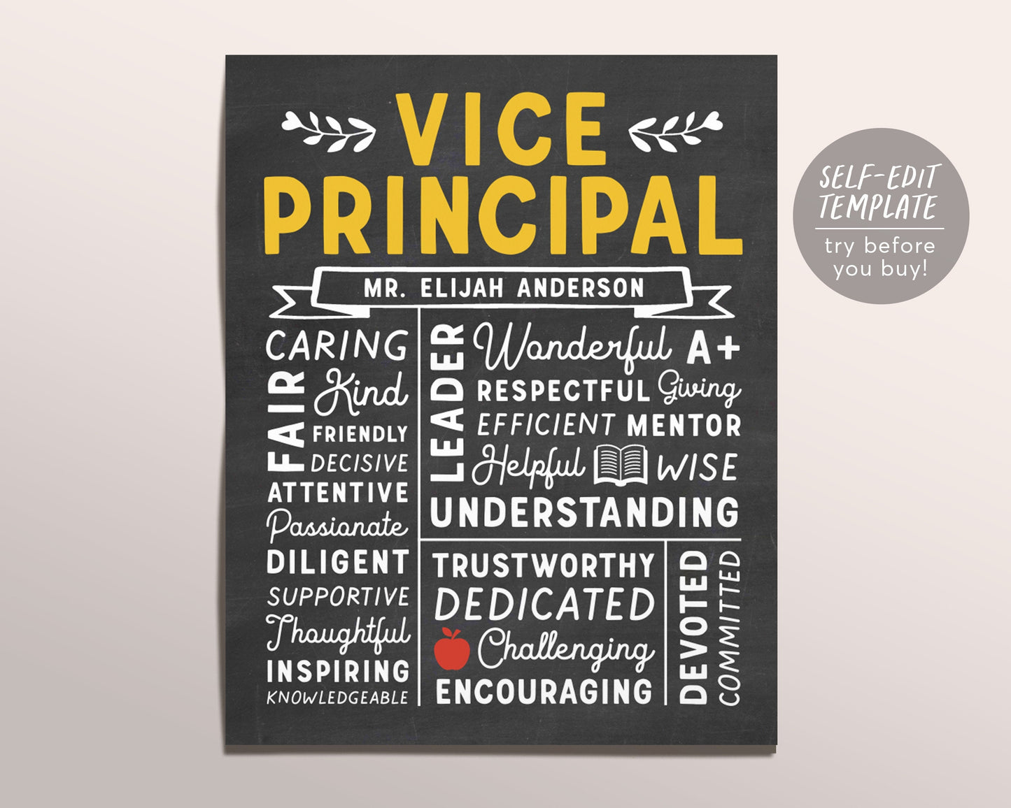 Editable Vice Principal Chalkboard Gift Print Template, Personalized Custom School Principal Appreciation Sign Poster Educator Christmas