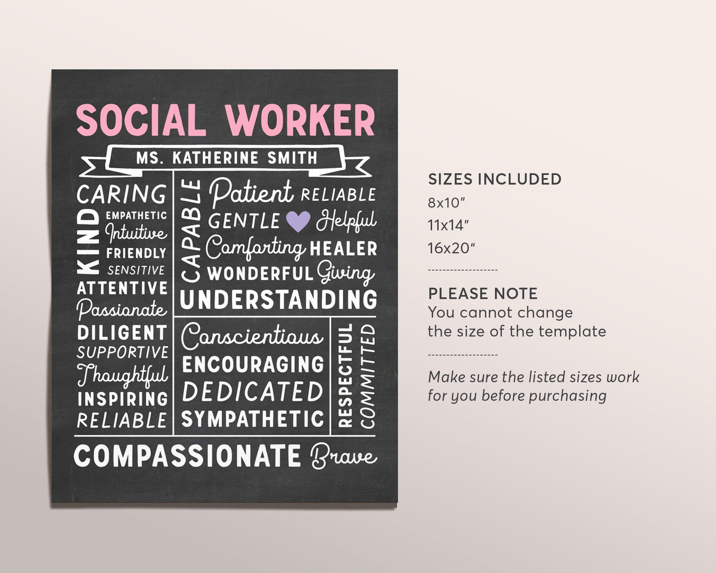 Editable Social Worker Chalkboard Gift Print Template, School Counseling Office Decor, Personalized School Counselor Psychologist Sign