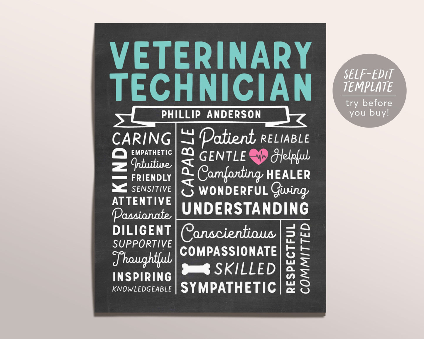 Editable Vet Tech Chalkboard Gift Print Template, Veterinary Technician Graduation Gift, Veterinarian Tech Appreciation Gift Thank You