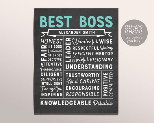 Editable Best Boss Chalkboard Gift Print Template, Unique Leader Definition Boss Lady Mentor Coworker Colleague Appreciation Sign Christmas