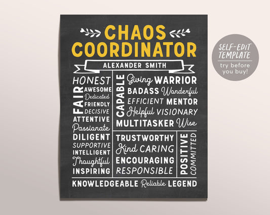 Editable Chaos Coordinator Chalkboard Gift Print Template, Funny Boss Day Gift, Office Manager Appreciation, Christmas Gifts, Office Decor