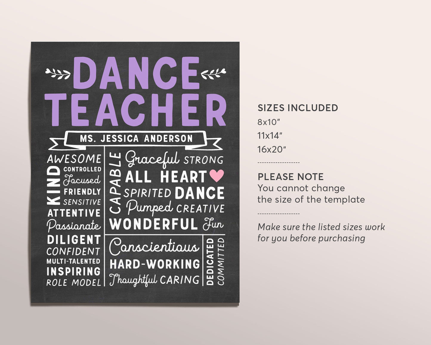 Editable Dance Teacher Chalkboard Gift Print Template, Dancer Ballet Ballerina Dance Recital Gift Printable Definition Custom Birthday Gift