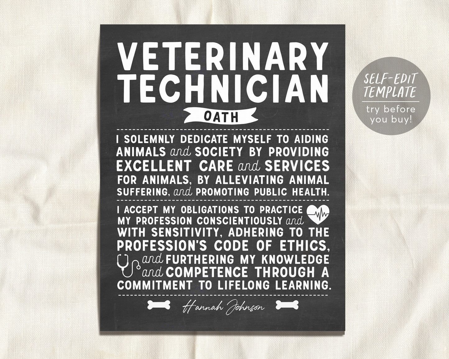 Editable Veterinary Technician's Oath Chalkboard Gift Print Template, Vet Tech Oath Office Decor, Vet Graduation Graduate Appreciation