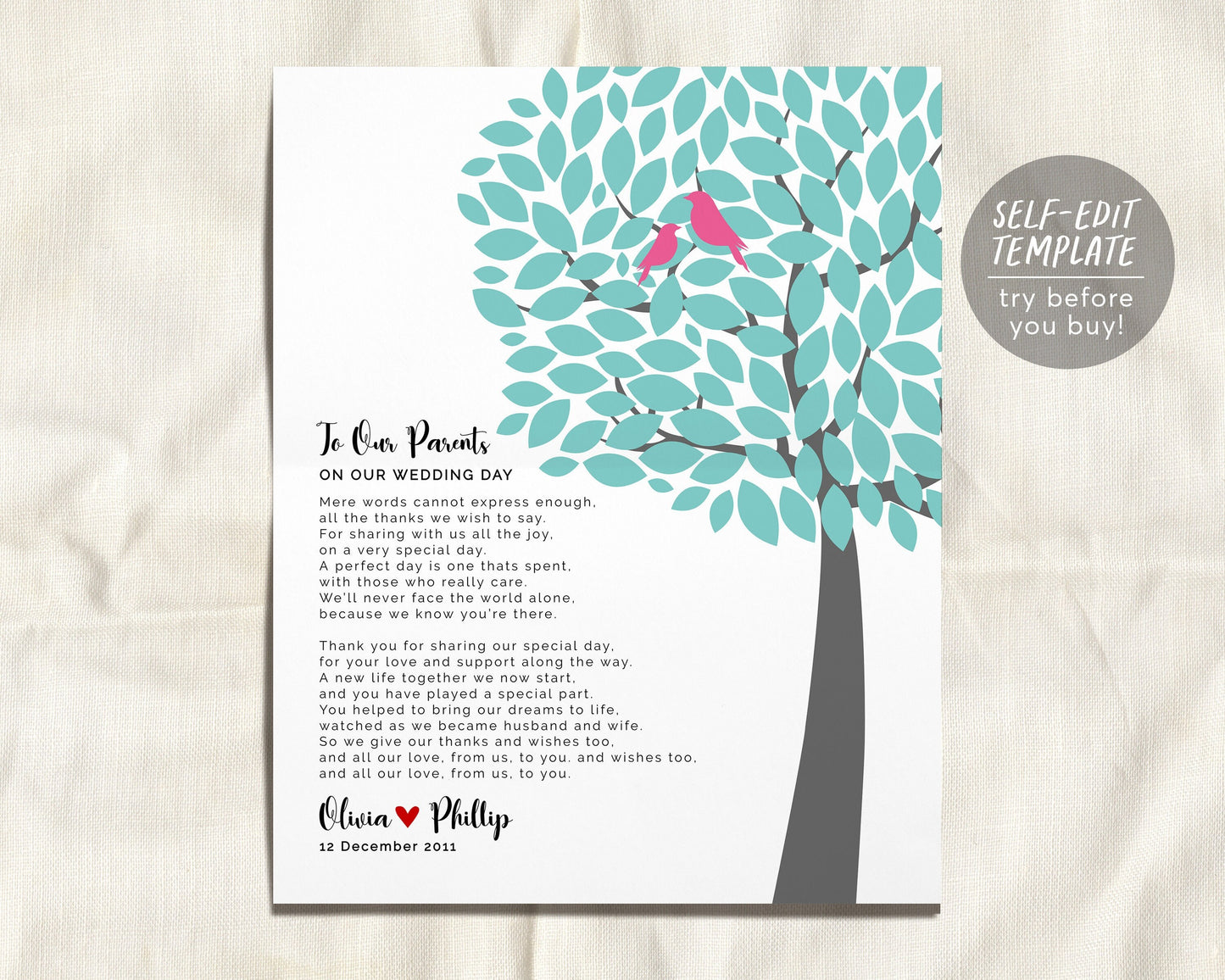 Editable Parents Wedding Gift Printable Template, Thank You Gift For Future In-Laws From Bride and Groom, Tree Wedding Keepsake