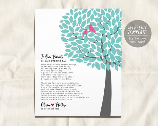 Editable Parents Wedding Gift Printable Template, Thank You Gift For Future In-Laws From Bride and Groom, Tree Wedding Keepsake