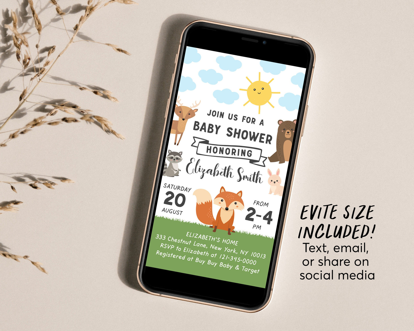 Editable Forest Animals Baby Shower Invitation Template, Gender Neutral Invite Woodland Creatures Greenery Theme Printable Evite, Deer Bear