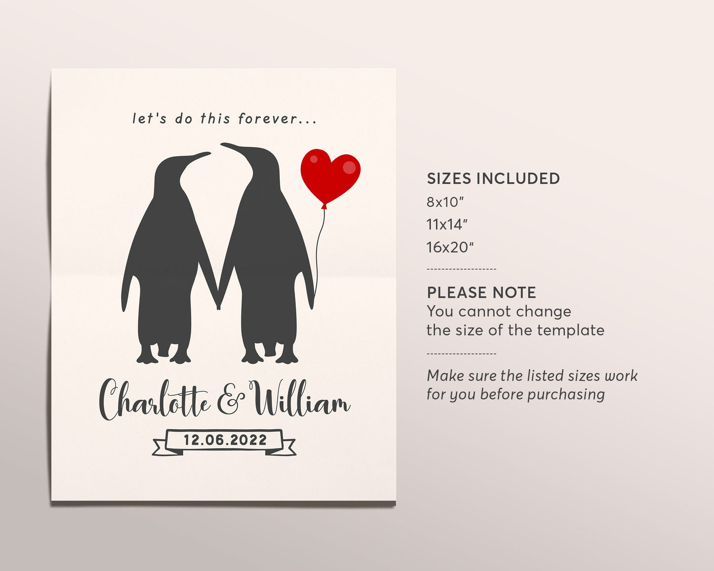 Editable Penguins In Love Engagement Gift Template, Valentines Day Gift for Her Wife, First 1st Anniversary Gift for Bride Groom Husband