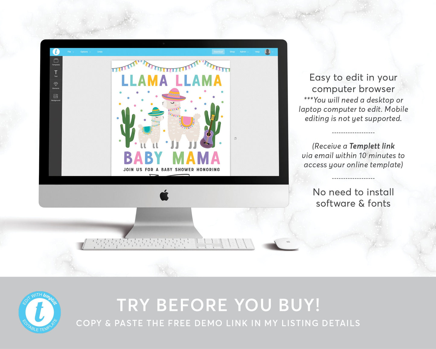 Editable Llama Llama Baby Mama Baby Shower Invitation Template, Fiesta Mexican Cactus Theme, Gender Neutral Sprinkle Party Invite Printable