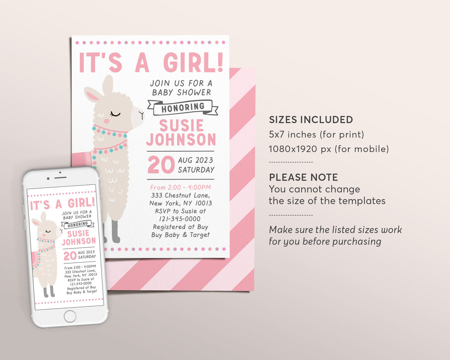 Editable Llama It's A Girl Baby Shower Invitation Template, Blush Pink Alpaca Theme Invite, New Mama Sprinkle Party Invite Printable